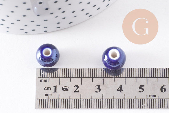 Perles ronde porcelaine bleu irisé,perle ronde bleu canard, porcelaine bleue, 1cm, x5 (G1162)