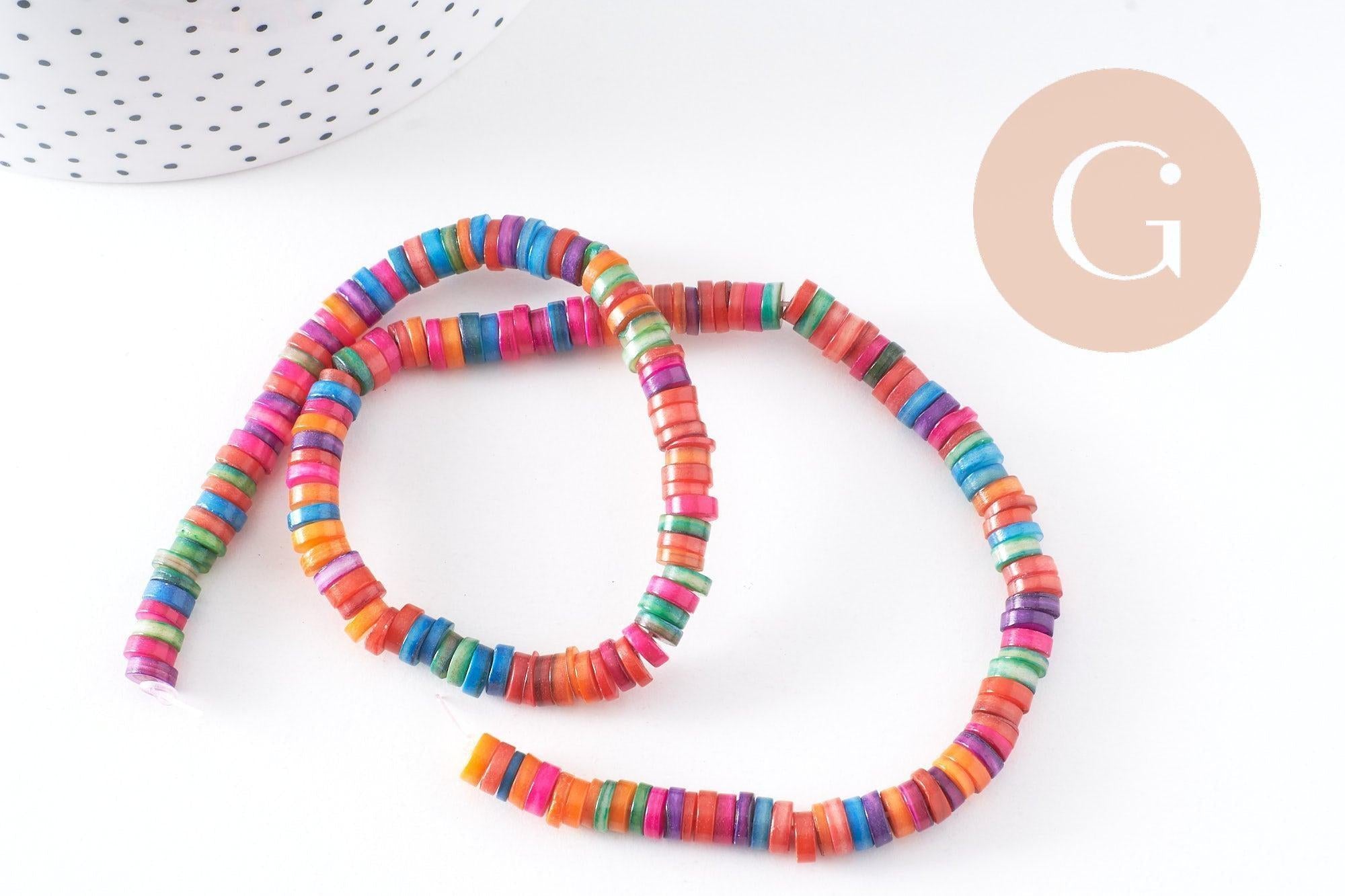 Perles rondelles coquillage naturel multicolore heishi 5-7mm,perle rondelle coquillage multicolore, création bijoux, fil de 200 perles, x1 (G5851)