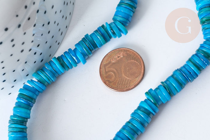 Perles rondelles heishi coquillage naturel teinté bleu 8~8,5mm, fil de 39cm x1 (G7873)