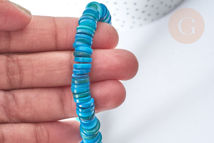 Perles rondelles heishi coquillage naturel teinté bleu 8~8,5mm, fil de 39cm x1 (G7873)