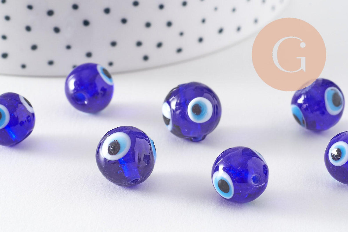 Perles rondes Mauvais Oeil bleue,perle Bijoux, perles rondes,perle verre artisanal chance pour création bijoux, 12mm, x10 (G3338)