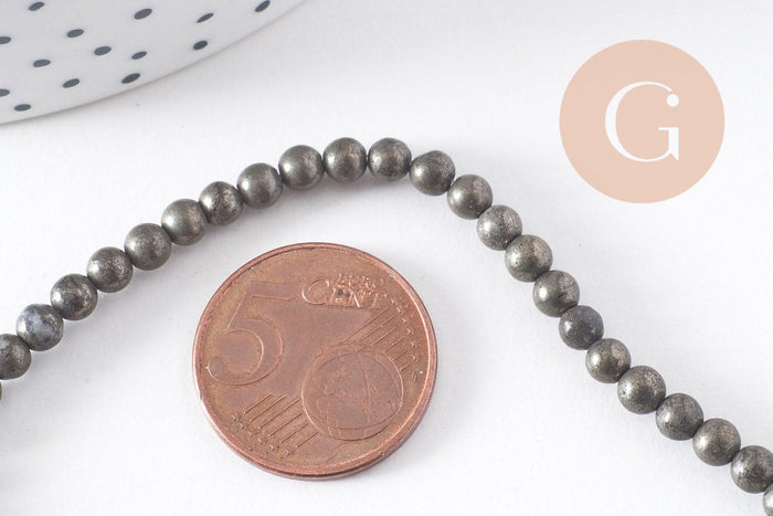 Perles rondes pyrite naturelle 4mm grade A, x1 fil de 39cm (G1539)