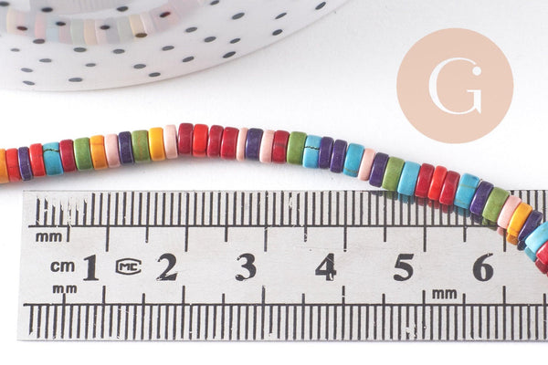 Perles rondes rondelles howlite multicolore, perles pierre,fabrication bijoux,perle heshi,howlite synthétique, fil de 160 perles, X1 G4500