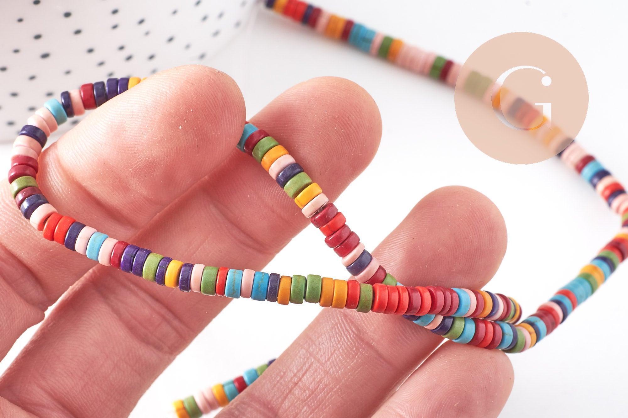 Perles rondes rondelles howlite multicolore, perles pierre,fabrication bijoux,perle heshi,howlite synthétique, fil de 160 perles, X1 G4500