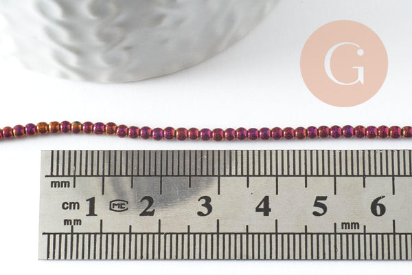 Perles rondes rose rouge métallisées verre 2,5mm, perles pour création bijoux verre, le fil de 35.8cm, x1 (G8708)