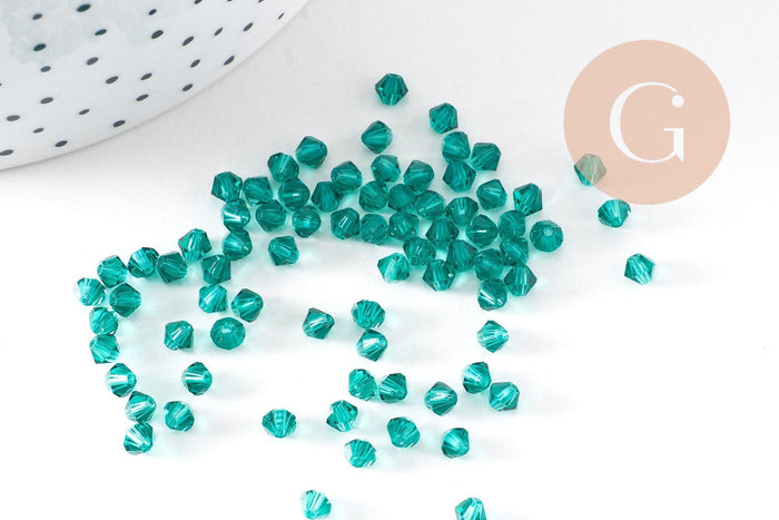 Perles toupie bicone cristal autrichien facette vert 4mm, x20 (G10514)