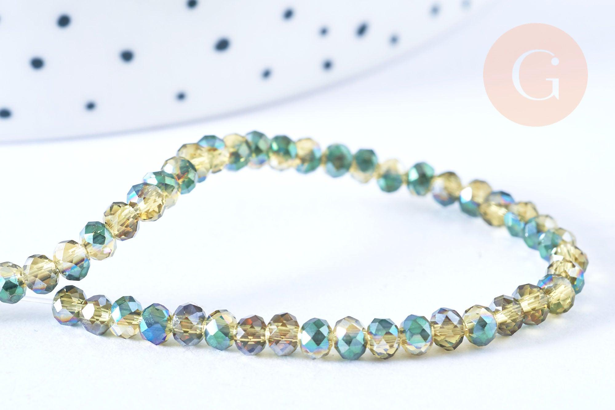 Perles toupies cristal bicolore jaune vert irisé 3.5x2.5mm,Perle verre facette, fil 25.4cm x1 (G6761)