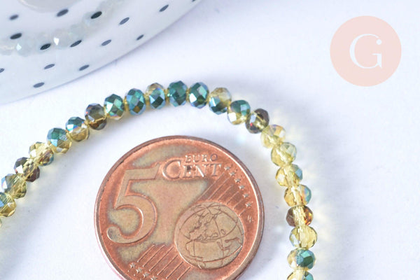 Perles toupies cristal bicolore jaune vert irisé 3.5x2.5mm,Perle verre facette, fil 25.4cm x1 (G6761)