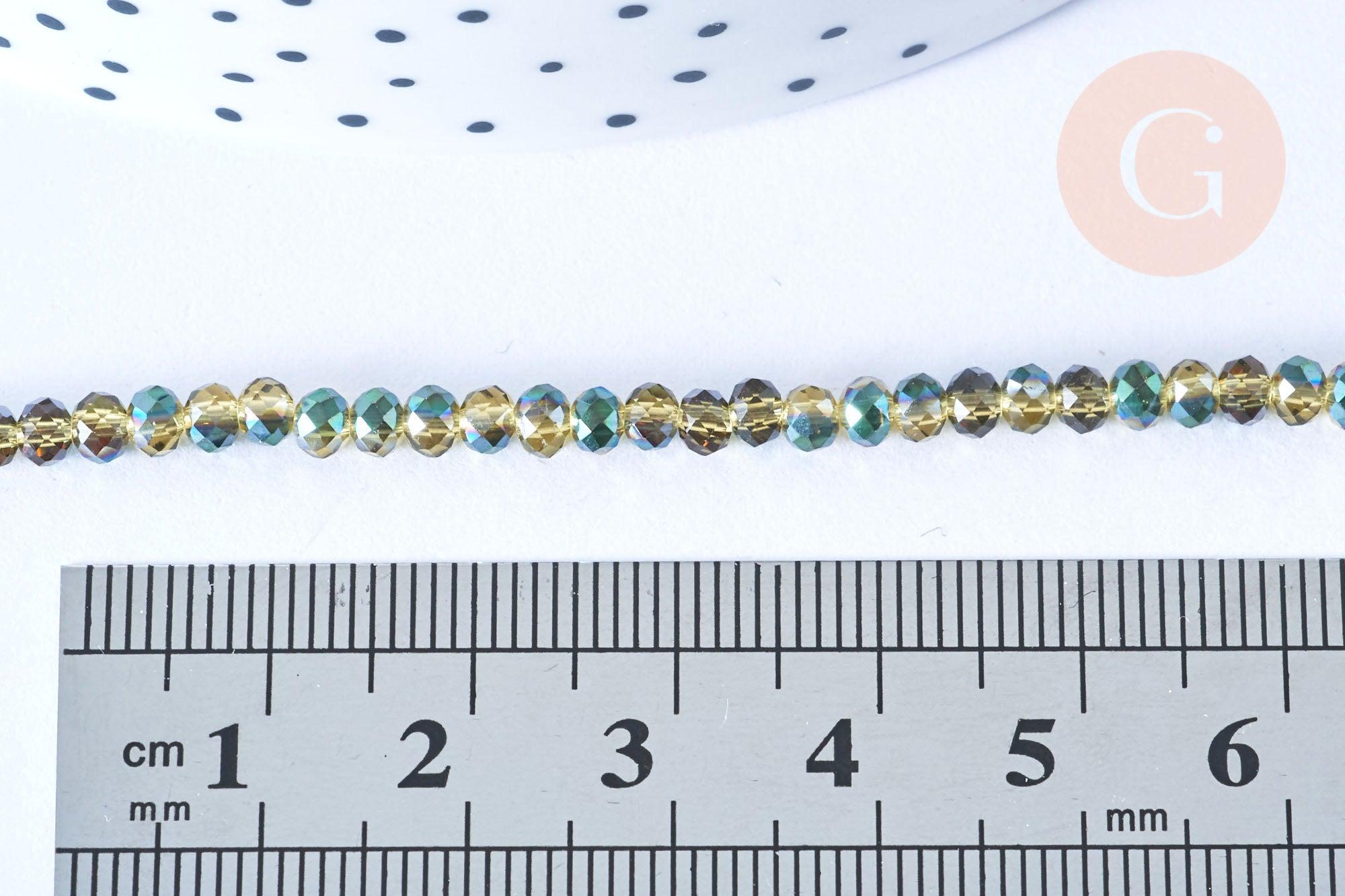 Perles toupies cristal bicolore jaune vert irisé 3.5x2.5mm,Perle verre facette, fil 25.4cm x1 (G6761)