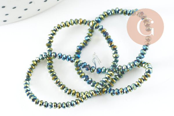 Perles toupies cristal vert métallisé facette, fil de 180 perles, 3x2mm, x1 (G5909)