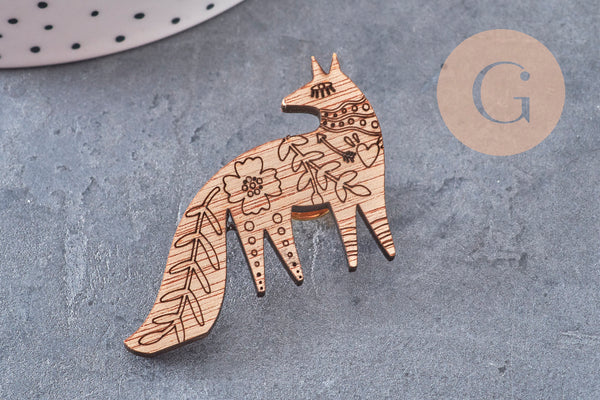 Pin’s Broche oiseau renard ours cœur bois 40mm, x1 (G11007)