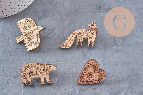 Pin’s Broche oiseau renard ours cœur bois 40mm, x1 (G11007)