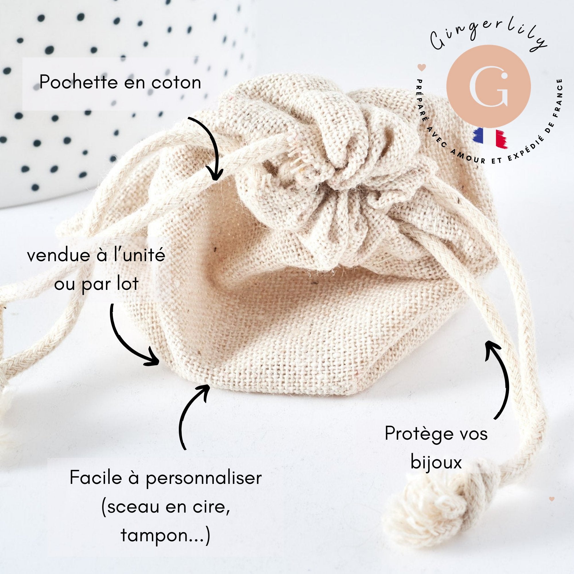 Pochette bijou coton blanc écru 9x7cm, pochette cadeau, emballage bijou, x1 (G8311)