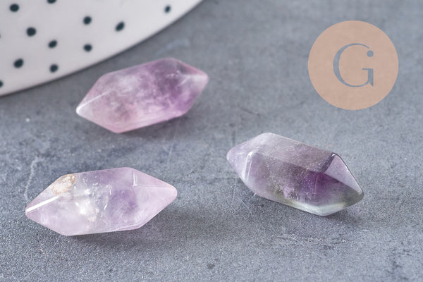 Pointe améthyste naturelle non percée 18mm, pointe double, pierre naturelle polie, création bijoux améthyste lithothérapie, x1 (G5621)