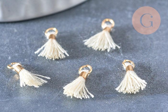 Pompon blanc écru polyestère support doré, pompon boucles,fabrication bijoux bohème,10-16mm, x5 (G4546)