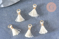Pompon blanc écru polyestère support doré, pompon boucles,fabrication bijoux bohème,10-16mm, x5 (G4546)