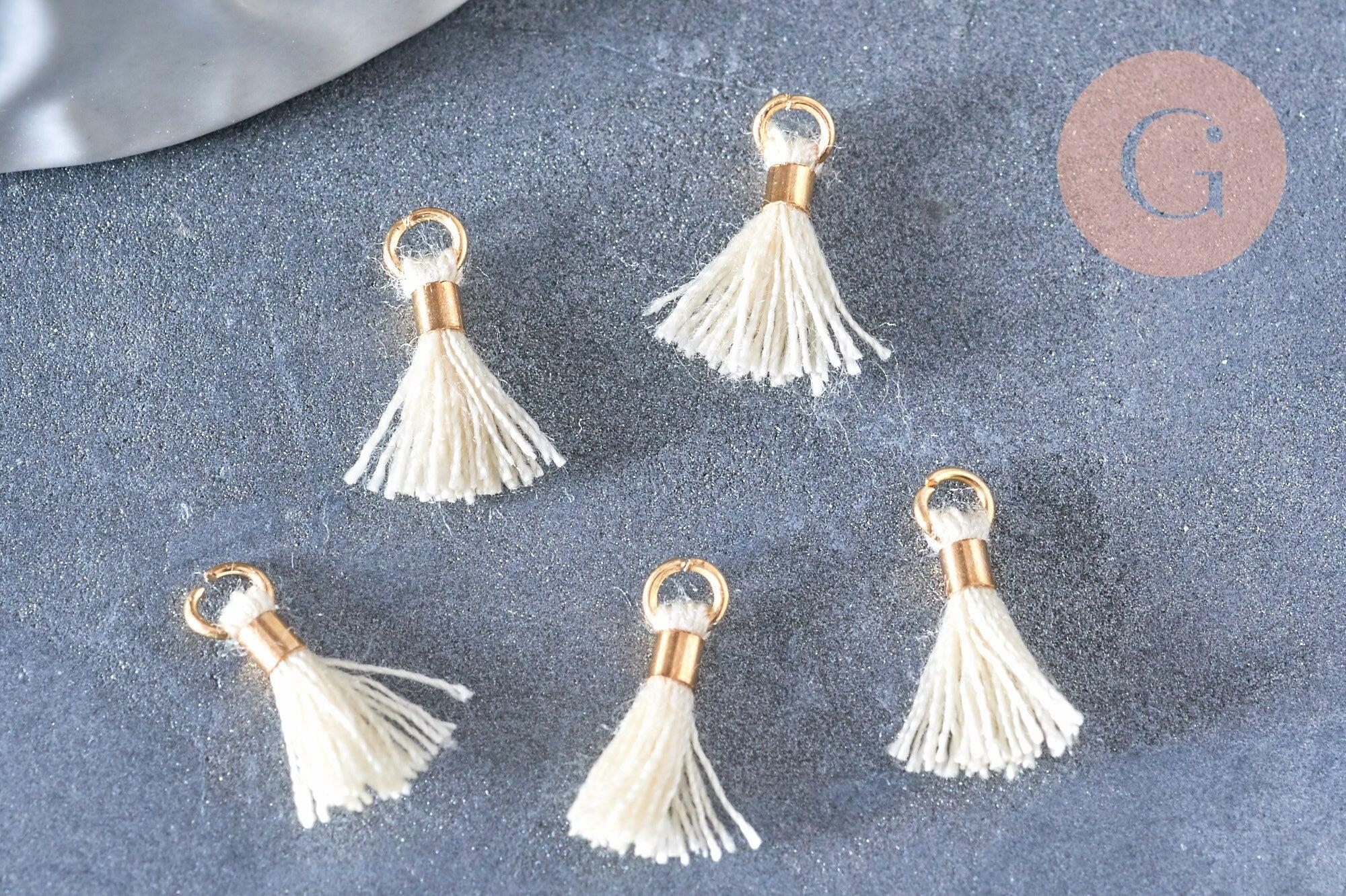 Pompon blanc écru polyestère support doré, pompon boucles,fabrication bijoux bohème,10-16mm, x5 (G4546)