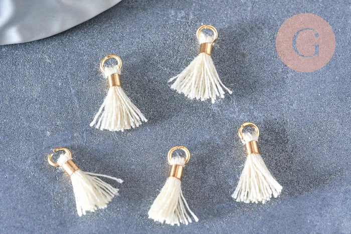 Pompon blanc écru polyestère support doré, pompon boucles,fabrication bijoux bohème,10-16mm, x5 (G4546)