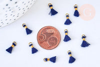 Pompon bleu foncé polyestère support doré,décoration pompon, pompon boucles,fabrication bijoux bohème,10-15mm, x10 (G5562)