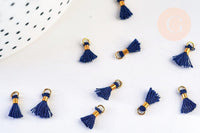 Pompon bleu foncé polyestère support doré,décoration pompon, pompon boucles,fabrication bijoux bohème,10-15mm, x10 (G5562)