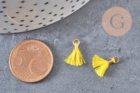 Pompon jaune polyestère support doré,décoration pompon, pompon boucles,fabrication bijoux bohème,10-15mm,les 10 (G6237)