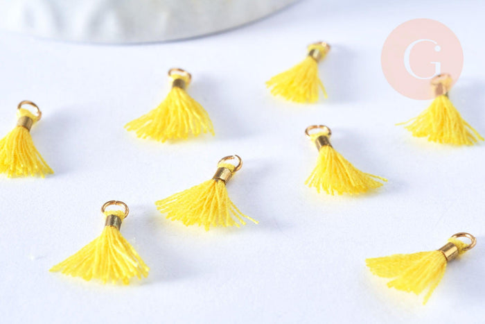 Pompon jaune polyestère support doré,décoration pompon, pompon boucles,fabrication bijoux bohème,10-16mm, x10 (G4262)