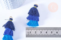 Pompon tricolore camaieu bleu coton 43mm, décoration pompon, triple pompon, boucles pompon, x1 (G2127)