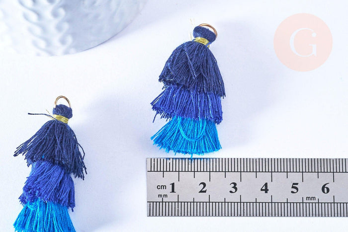 Pompon tricolore camaieu bleu coton 43mm, décoration pompon, triple pompon, boucles pompon, x1 (G2127)