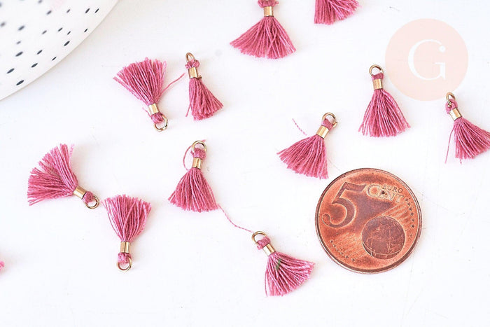 Pompon vieux rose polyestère support doré,décoration pompon, pompon boucles,fabrication bijoux bohème,10-15mm, x10 (G5567)