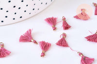 Pompon vieux rose polyestère support doré,décoration pompon, pompon boucles,fabrication bijoux bohème,10-15mm, x10 (G5567)