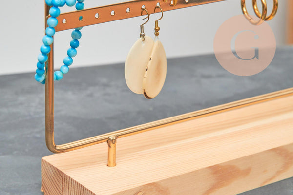 Présentoir bijoux boucles d'oreilles laiton doré socle bois, 20cm, x1 G6930