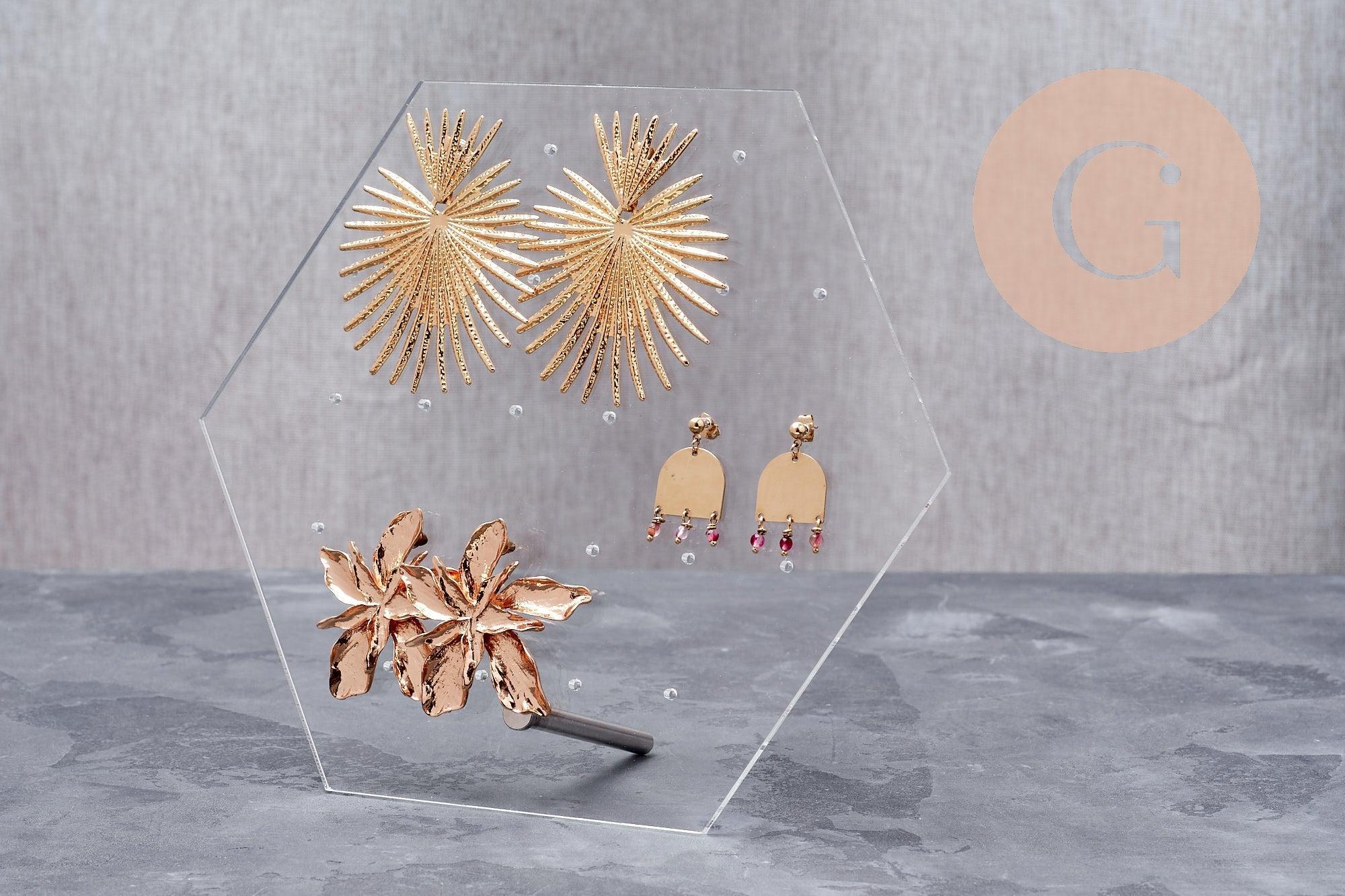 Présentoir boucles d'oreilles plexiglas hexagone personnalisable 18 emplacements 20cm, x1 G10106