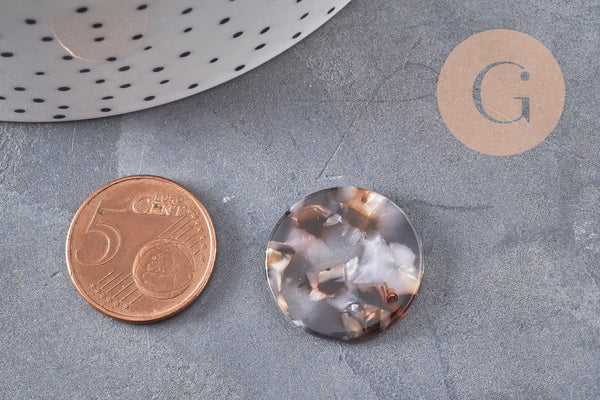 Pendentif rond marron beige plastique acétate 22mm, x2 (G2837)