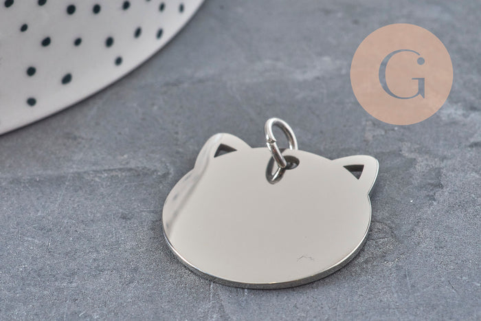 Pendentif tête de chat acier 201 inoxydable 29mm personnalisable, x1 (G11017)