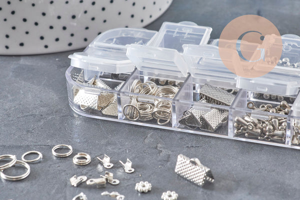 Boite Kit mix de 12 types de fournitures et perles zamac laiton Argent Platine, x1 (G8844)