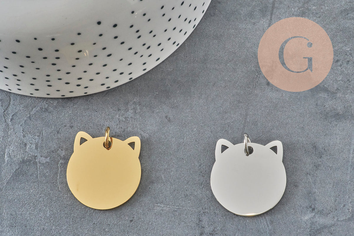 Pendentif tête de chat acier 201 inoxydable 29mm personnalisable, x1 (G11017)
