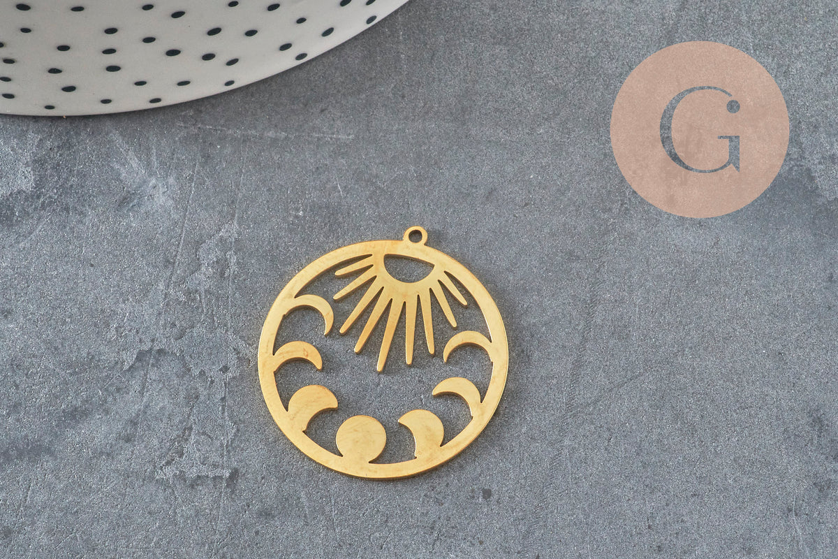 Round moon and sun pendant 304 stainless steel gold 30mm, x1 (G6165)