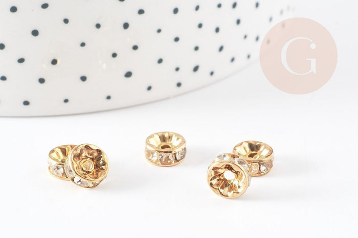 Rondelle fer doré zircon grade B 8mm, perles dorées, perle intercalaire, perle disque, x10 (G5739)