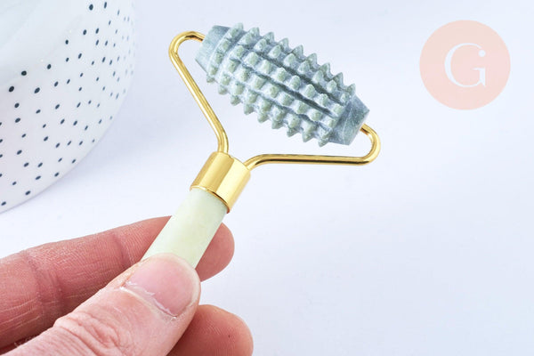 Rouleau de massage jade naturelle support or doré 14,3mm,outil auto-massage, x1 G7238