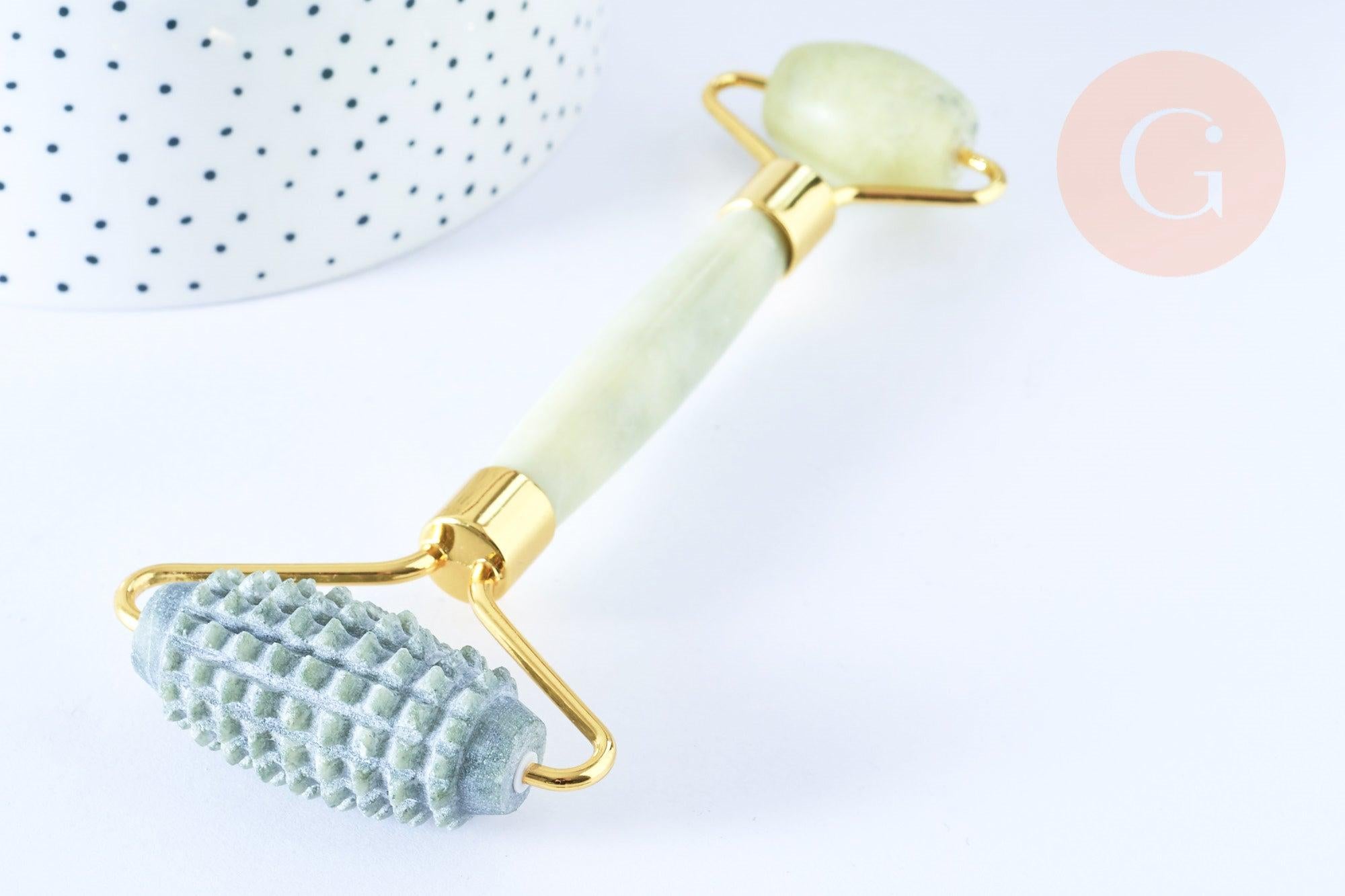 Rouleau de massage jade naturelle support or doré 14,3mm,outil auto-massage, x1 G7238