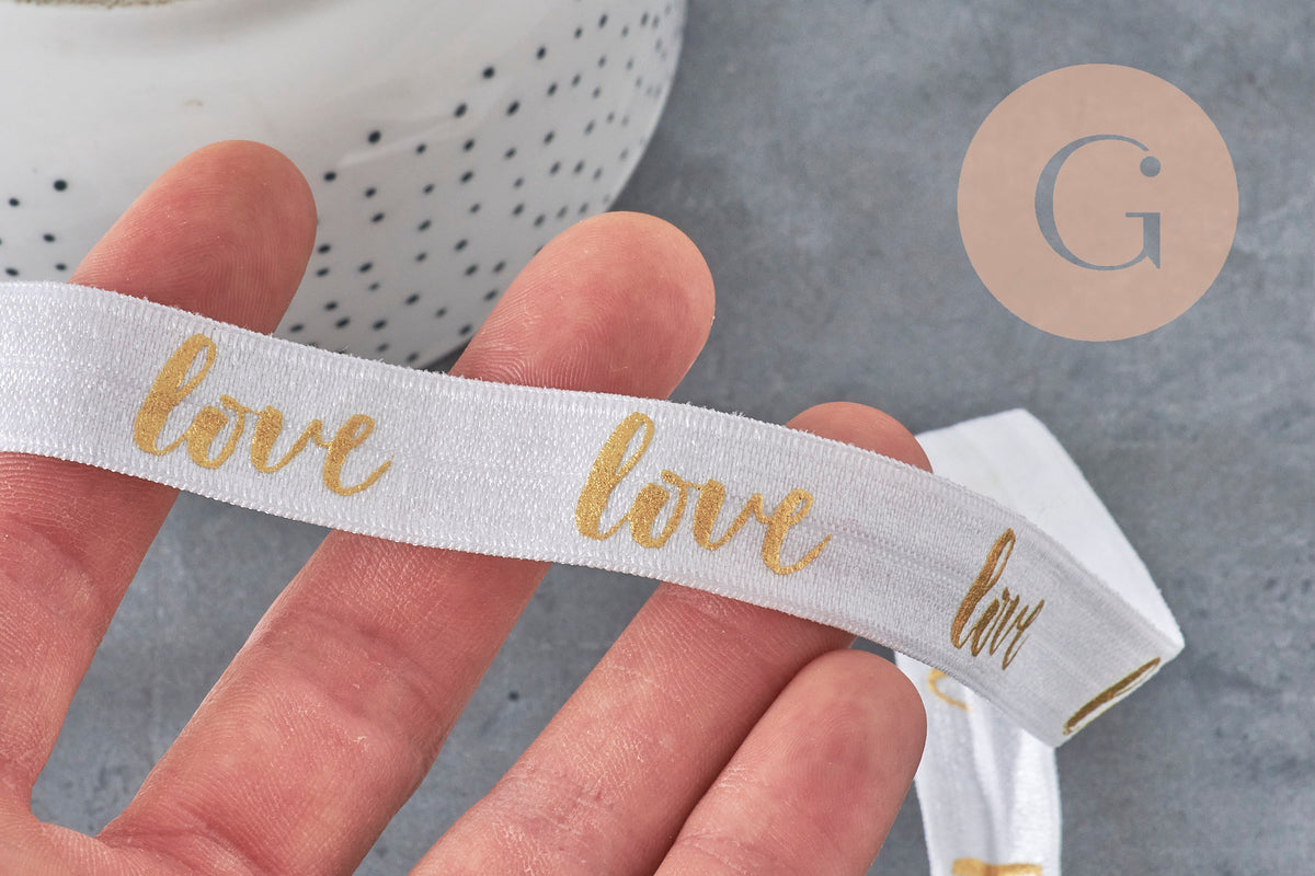 Ruban élastique blanc or LOVE EFJF,bracelet EVJF,ruban mariage, scrapbooking,16mm, x1 ou x5 ou x10 mètres  (G4001)