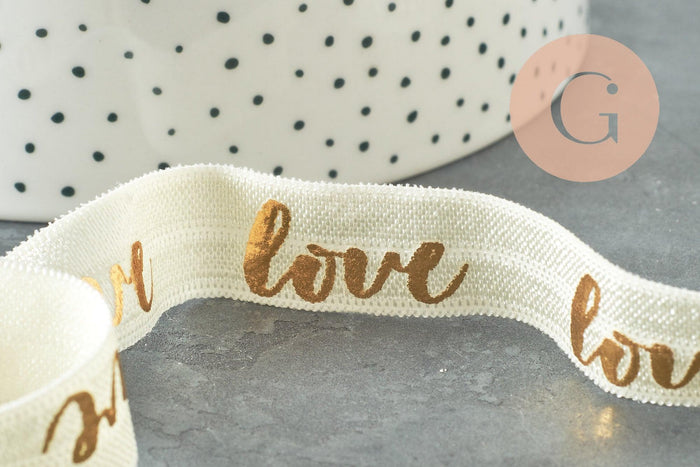 Ruban élastique écru or LOVE EFJF 16mm, x1 mètre (G1286)