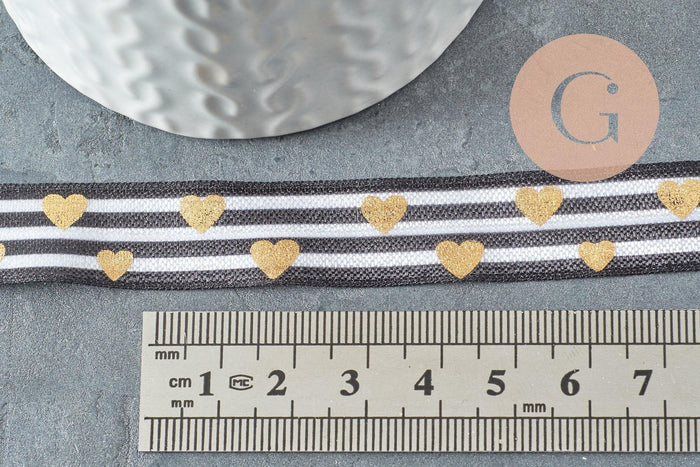 Ruban élastique rayé coeurs or EFJF, bracelet EVJF,ruban mariage,scrapbooking,16mm, x1 mètre (G1583)