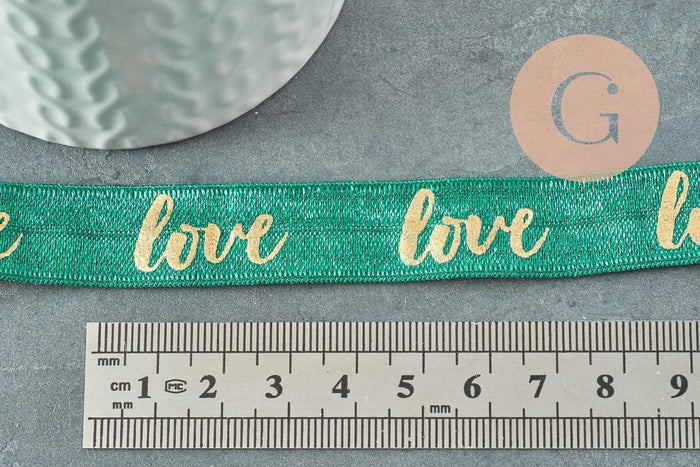 Ruban élastique vert or LOVE EFJF 16mm, x1 mètre (G3759)