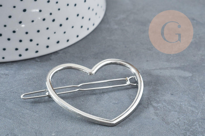 Support barrette coeur métal argenté 48.5mm, x1 (G8833)