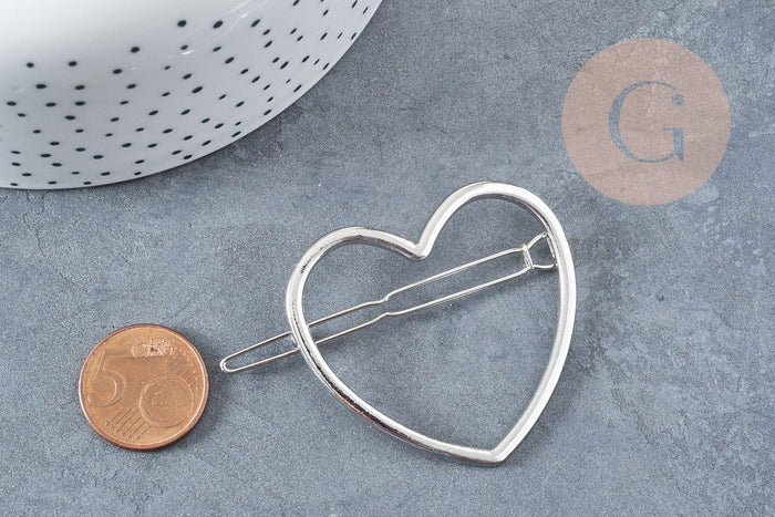 Support barrette coeur métal argenté 48.5mm, x1 (G8833)