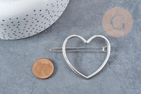 Support barrette coeur métal argenté 48.5mm, x1 (G8833)