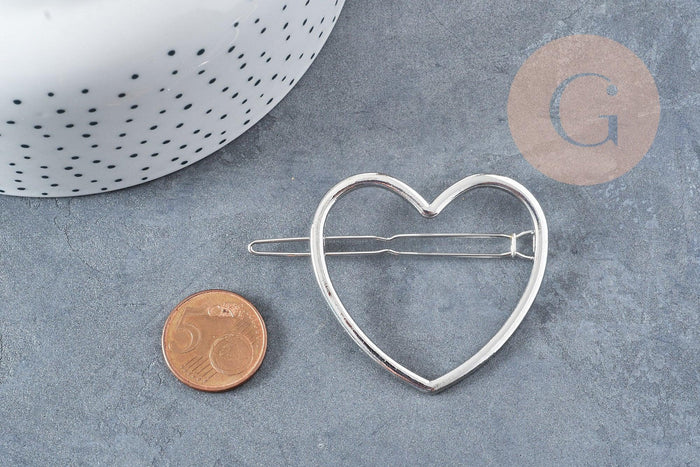 Support barrette coeur métal argenté 48.5mm, x1 (G8833)