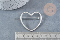 Support barrette coeur métal argenté 48.5mm, x1 (G8833)