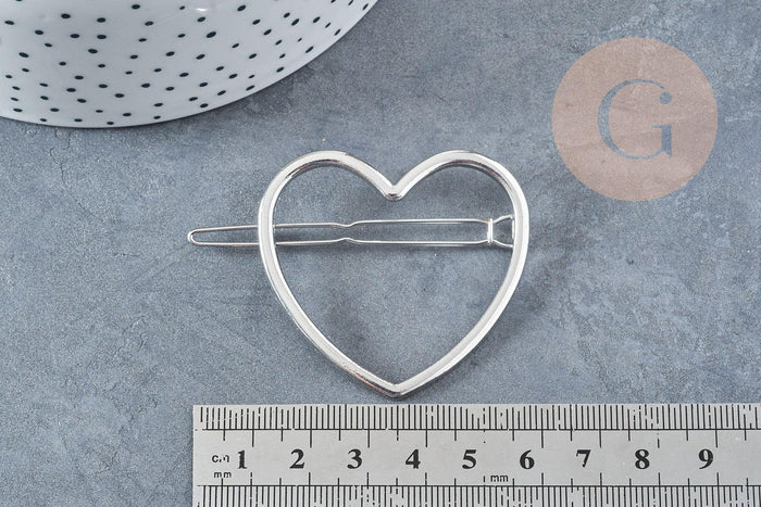 Support barrette coeur métal argenté 48.5mm, x1 (G8833)